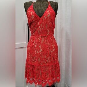 Wayf Cherry red 3D lace embroidered ruffle sleeveless dress v-neck lined Small S